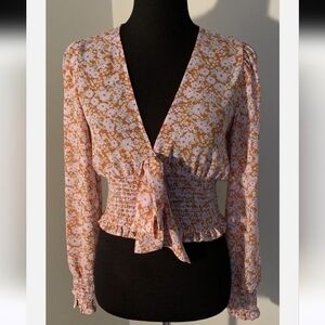 Floral V-Neck Smocked Blouse - Pink